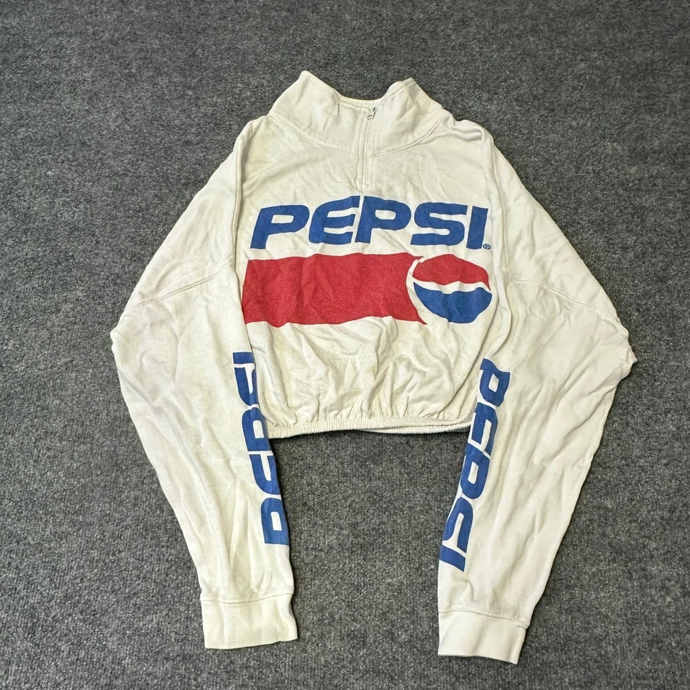 Pepsi Sweatshirt Womens Size L White Cropped Quarter Zip Graphic Logo Casual